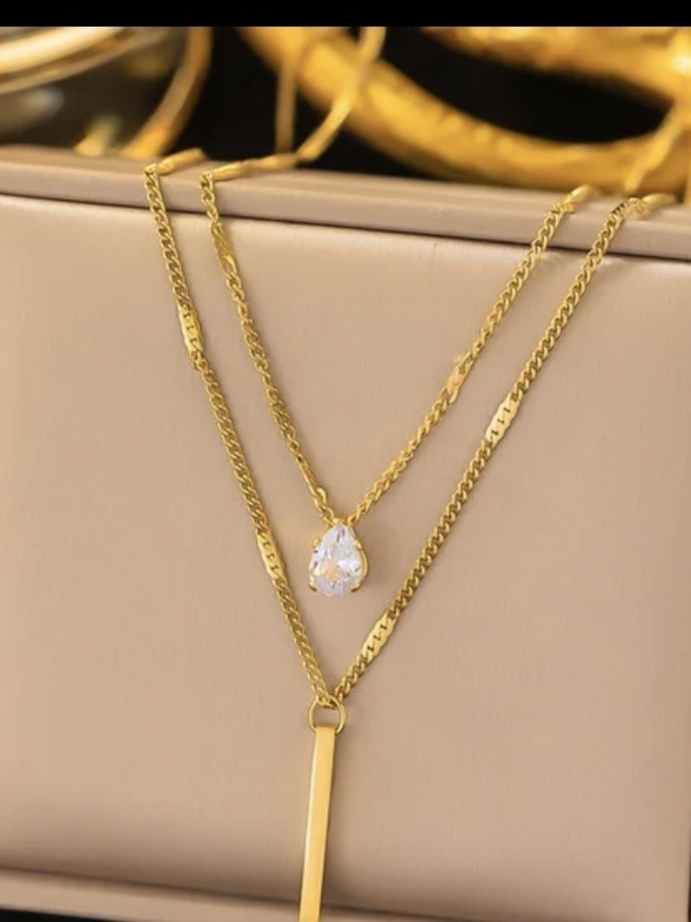 Gold Layered Necklace with Teardrop Crystal Pendant - Women Jewelry